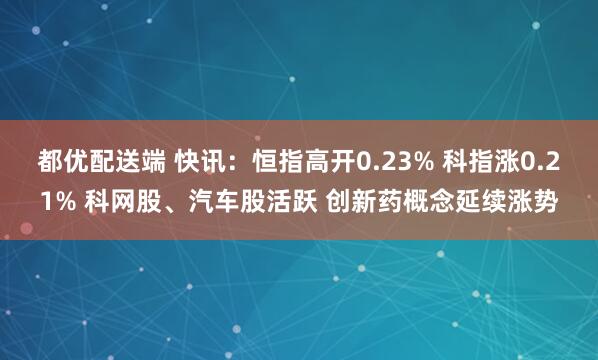 都优配送端 快讯：恒指高开0.23% 科指涨0.21% 科网股、汽车股活跃 创新药概念延续涨势